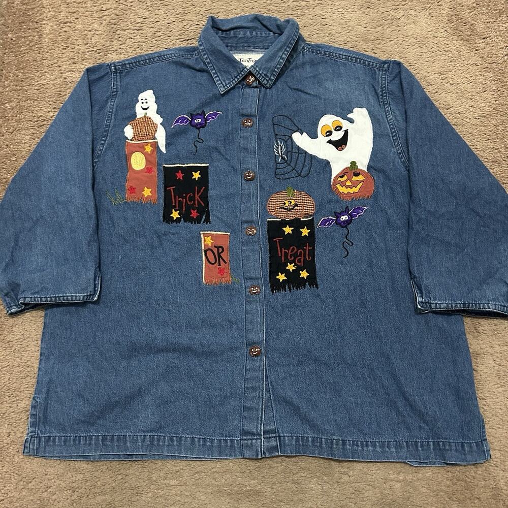 Tantrums Halloween Denim 3/4 Sleeve Size 2X Trick Or Treat Ghosts Vintage